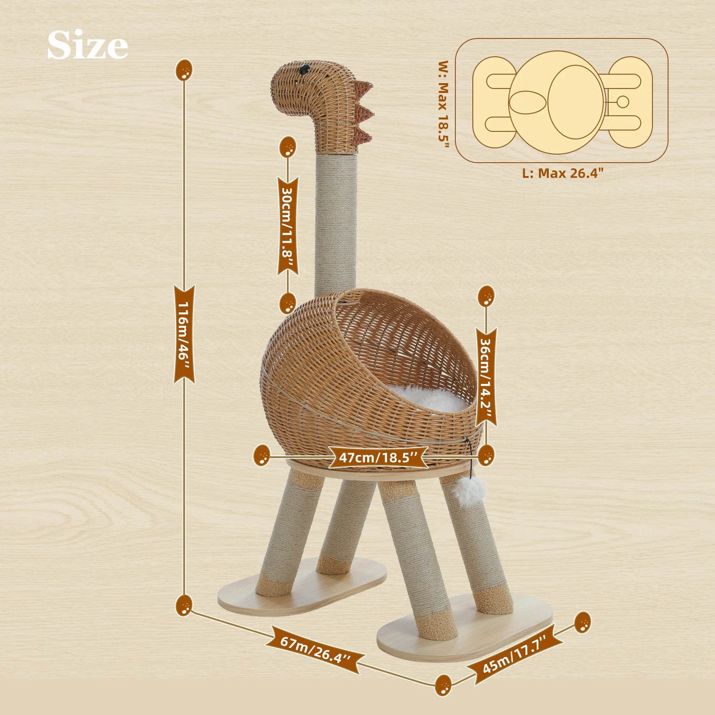 PAWZ Road Dinosaur Cat Tree Tower With Sisal Scratching Post Three Layer Rattan Cat Condo Indoor Wicker Bed