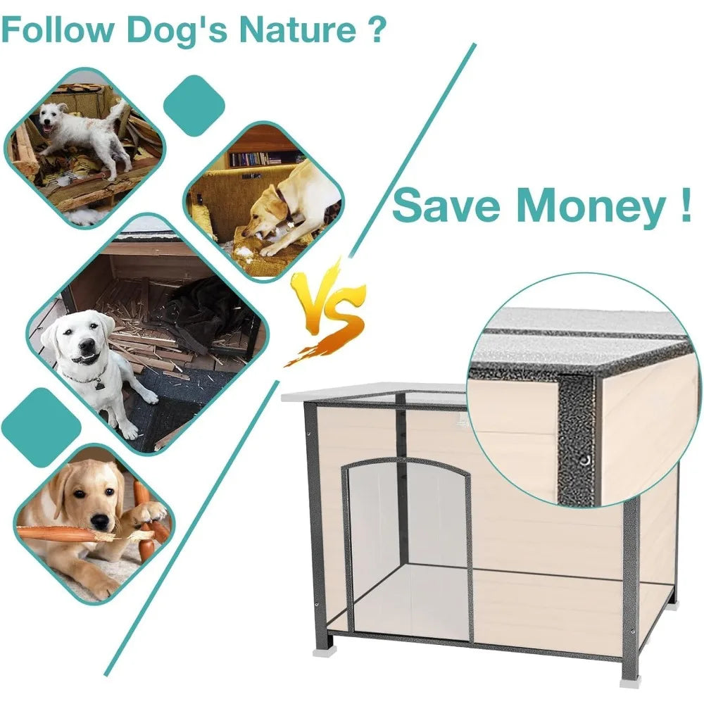 Outdoor Heated Dog House with Anti-Chew Iron Frame, Adjustable Temperature and Time, Insulated Weatherproof Shelter