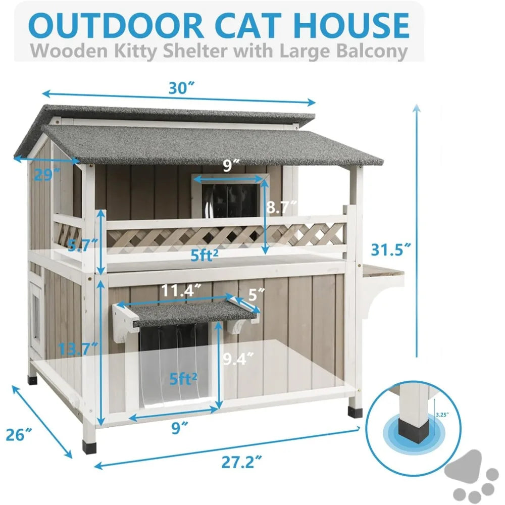 Two-Story Outdoor Wooden Cat Shelter With Balcony For Outdoor Cats