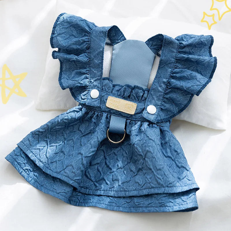 Hoopreety Denim Dog Dresses For Small Dogs With Leash Ring