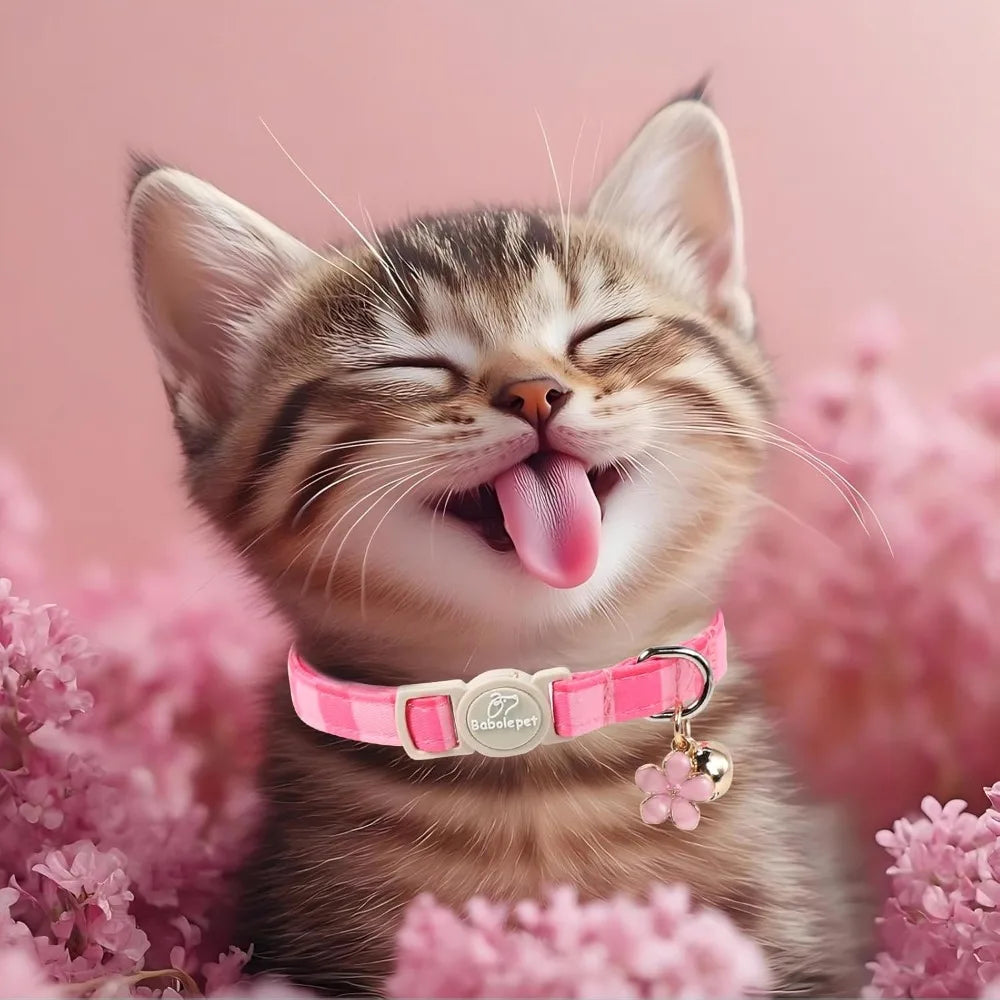 2 Pack Pink Cat Collars - Spring Summer Breakaway with Bell, Bow & Flower Pendant, Adjustable for Girl Cats, Cute Plaid Design
