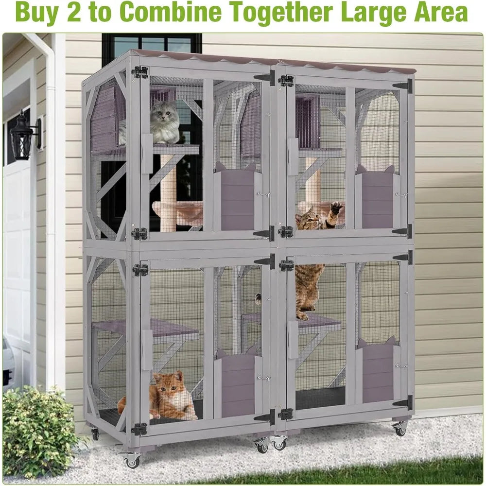 GUTINNEEN Catio Outdoor Cat Enclosure Mobile Cat House Indoor On Wheels with Scratch Post, Hammock, Resting Box, Platform, Tarp