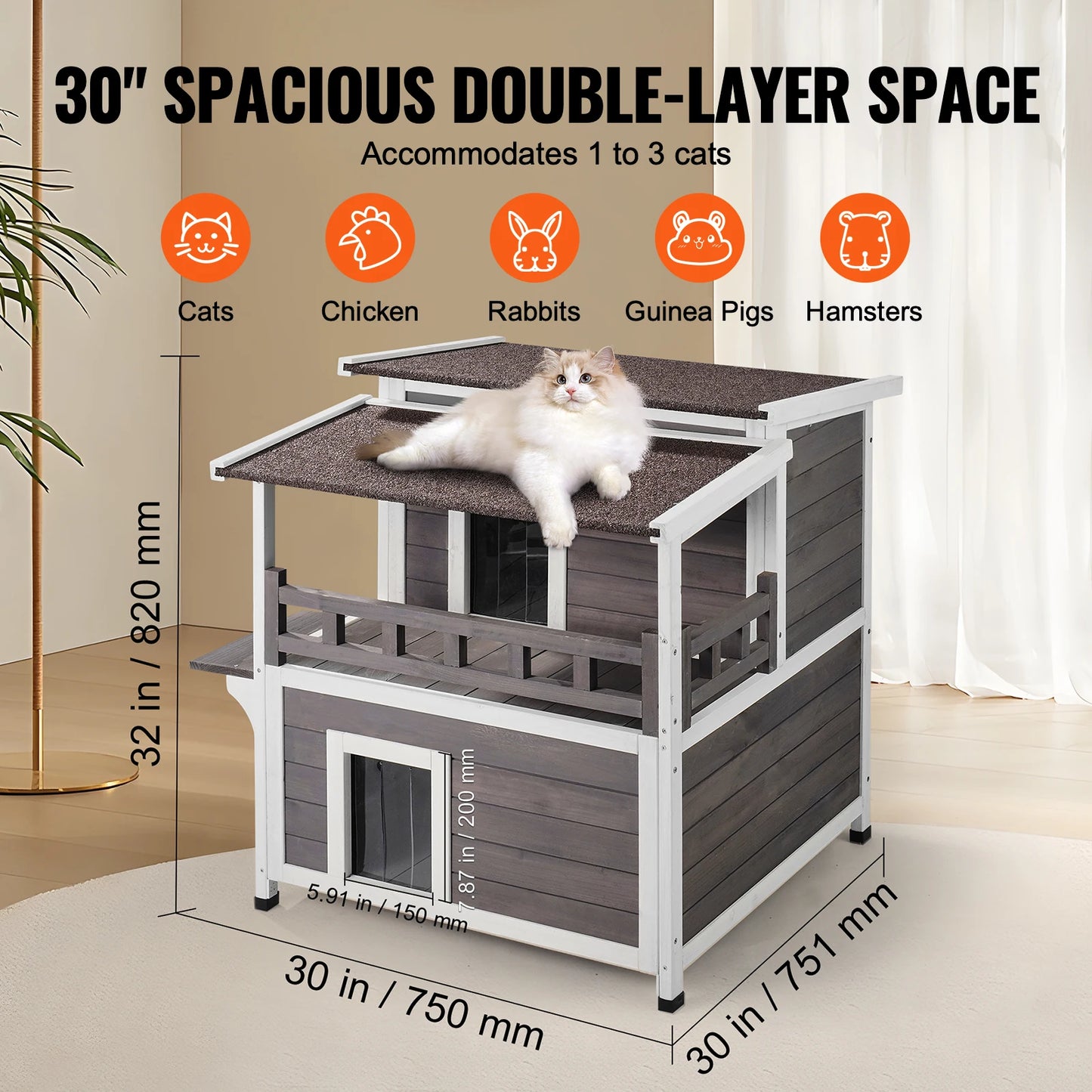 SucceBuy Outdoor Cat House Weatherproof Two Story Cedar Shelter With Balcony