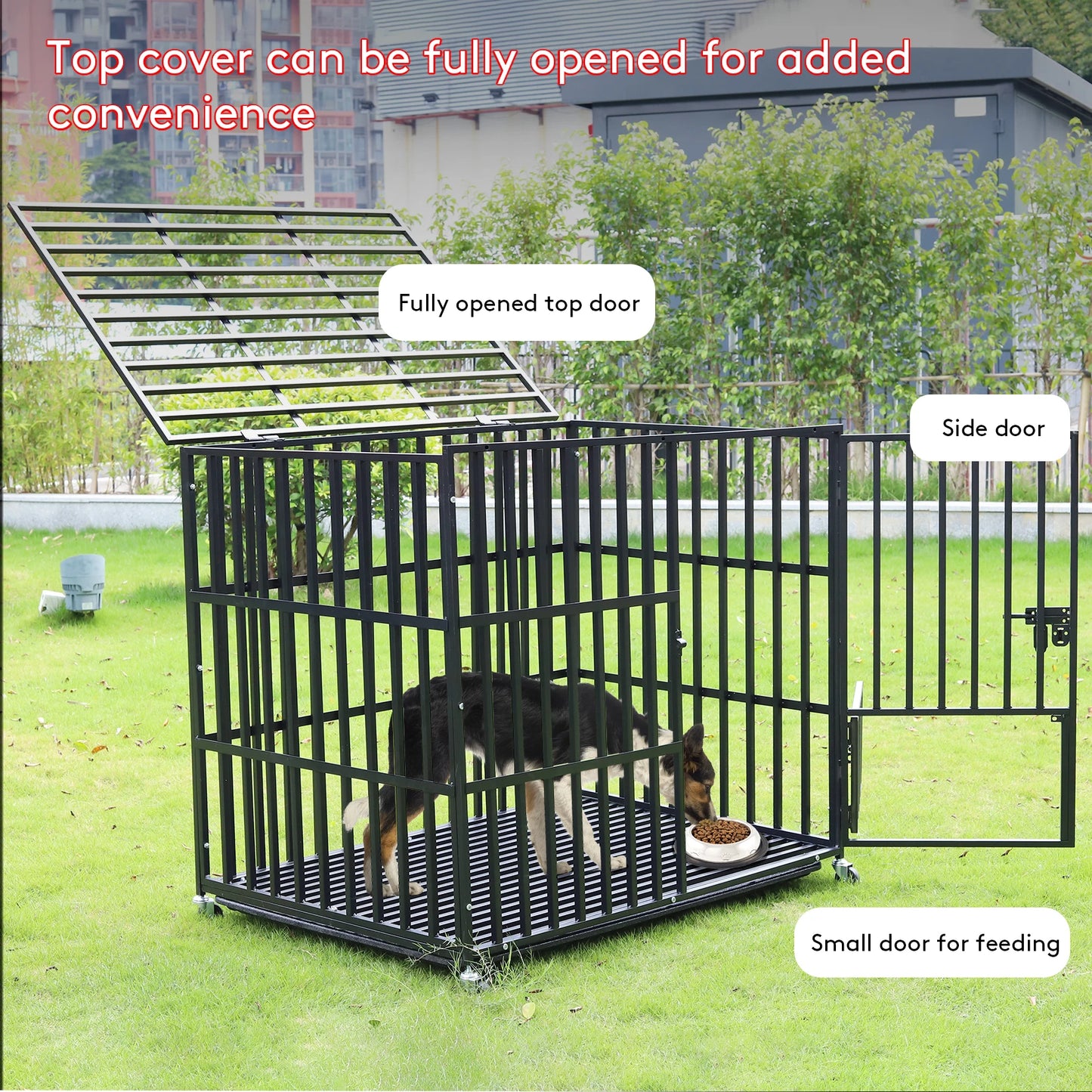 BINGOPAW Heavy Duty Dog Crate With Four Lockable Wheels Three Doors Removable Tray Metal Kennel Cage Playpen
