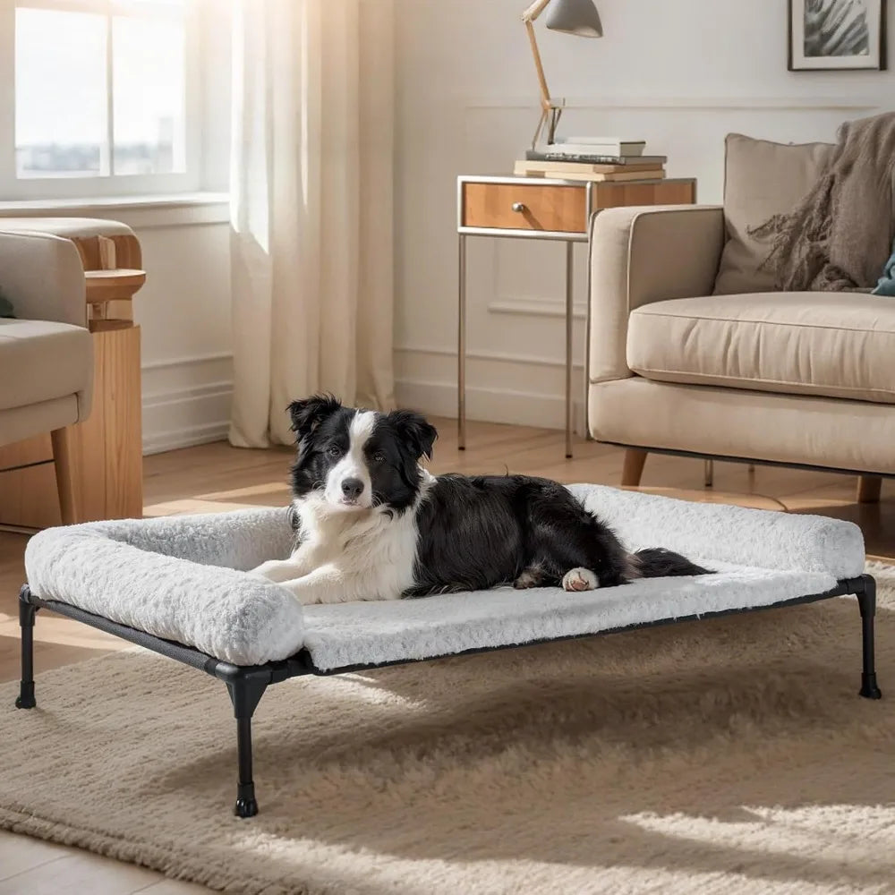 veehoo cooling elevated dog bed add removable deluxe rose plush bolster cushion mat, 41" x 27" washable dog couch bed, raised pe