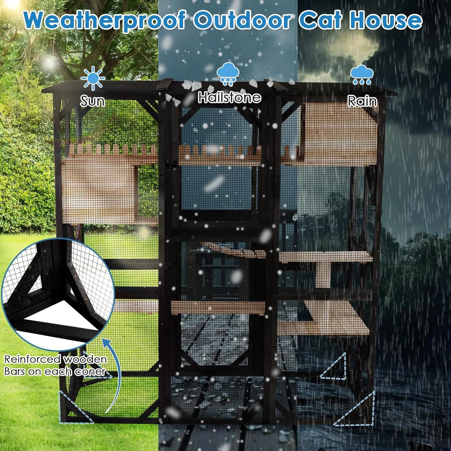 Outdoor Cat Enclosure With Weatherproof Roof And Six Doors