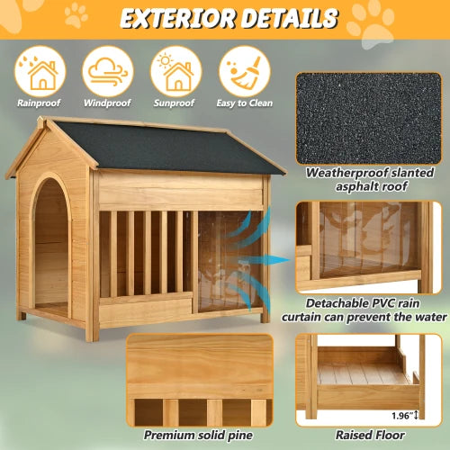 Natural 60.2 "large outdoor dog house with insulated lining, suitable for winter waterproof dog house for medium and large dogs
