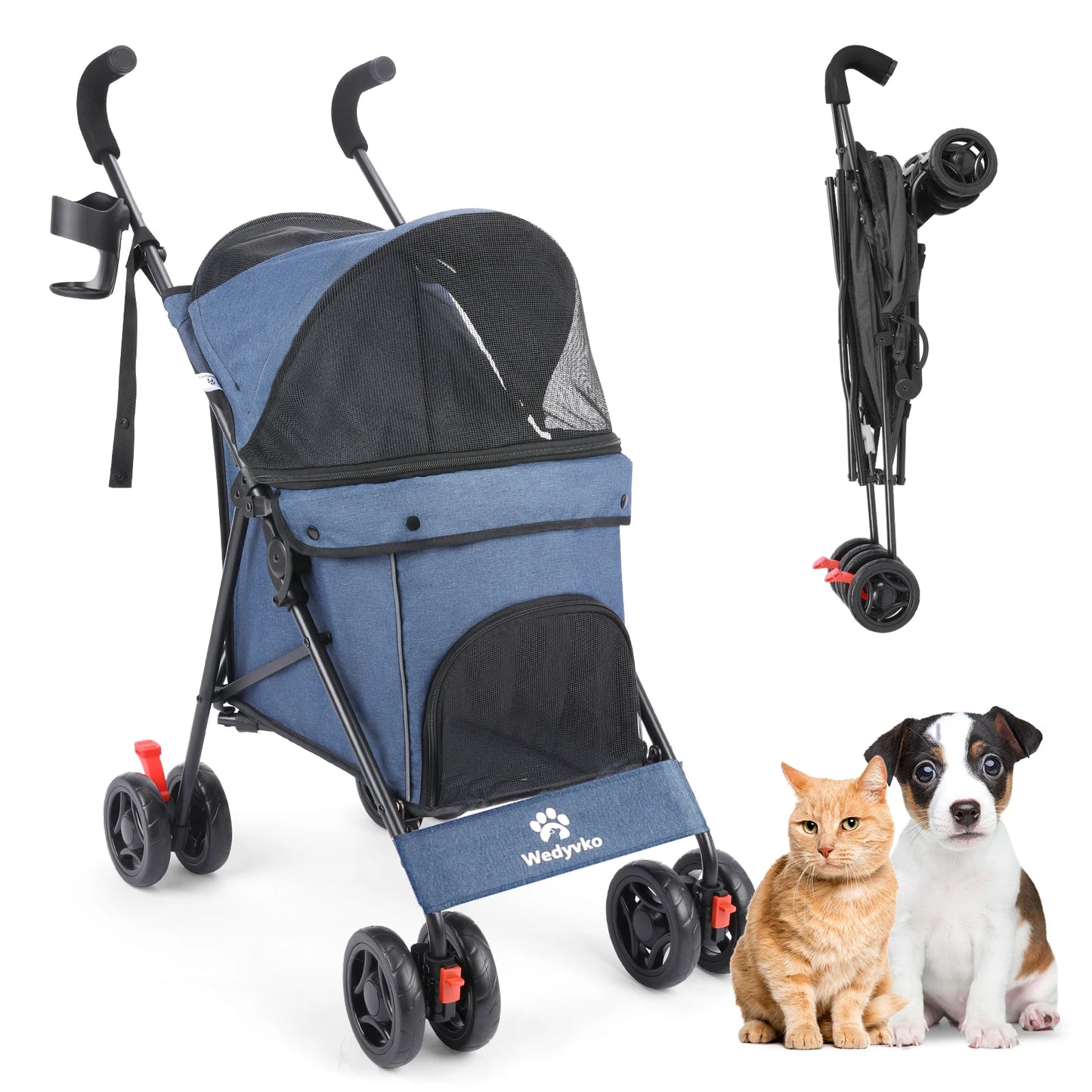 Wedyvko Pet Dog Stroller 4 Wheels Puppy Stroller Rotate with Brakes Storage for Dogs Cats Travel Pet Suplies Outdoor 애완견 유모차