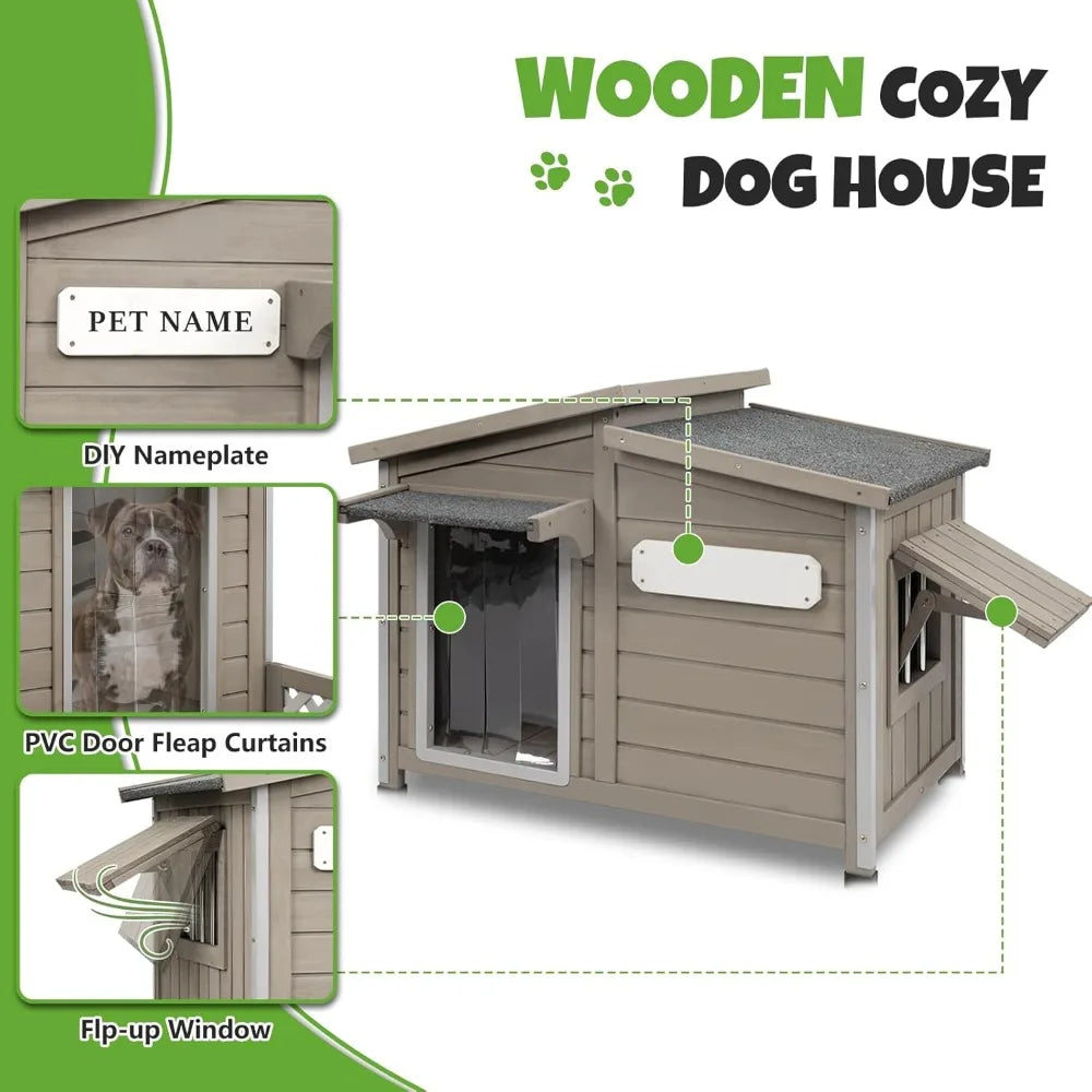 Large Outdoor Wooden Dog House, Weatherproof Dog Houses with Adjustable Vent Windows, Alloy Chew-Resistant Frame, Removable Floo