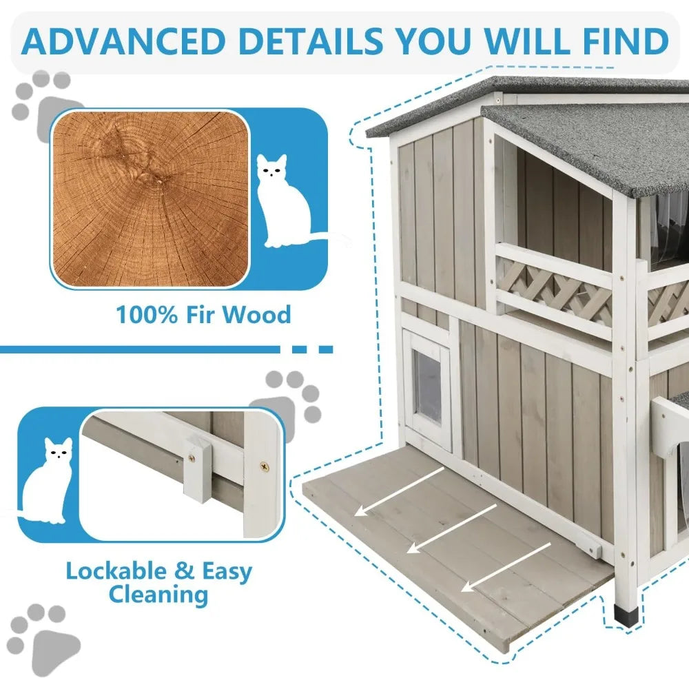 Two-Story Outdoor Wooden Cat Shelter With Balcony For Outdoor Cats