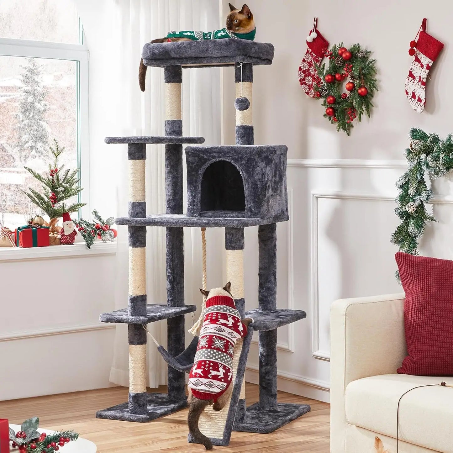 Large Multi-Level Cat Tree, 63 Inches Tall with Scratching Posts, Condo, Hammock, and Play Platform for Cats