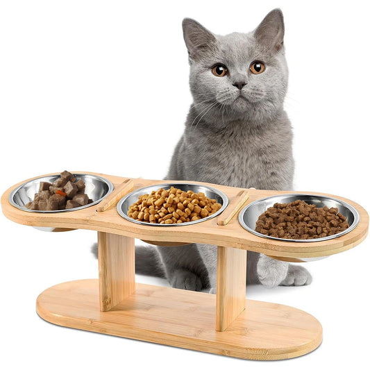 Cat 3 Bowls in 1 Feeder Feeding & Watering Supplies Food Bowl 15-Degree Tilt Raised 3 Stainless Steel Bowls Wood Brackets Puppy