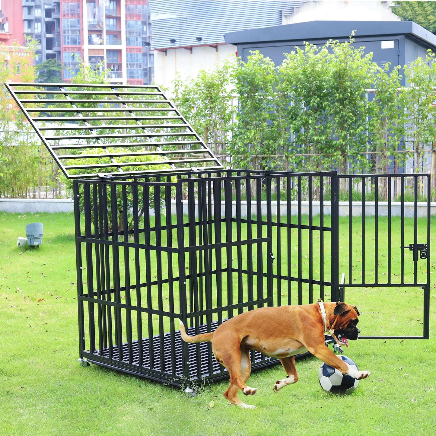 BINGOPAW Heavy Duty Dog Crate With Four Lockable Wheels Three Doors Removable Tray Metal Kennel Cage Playpen