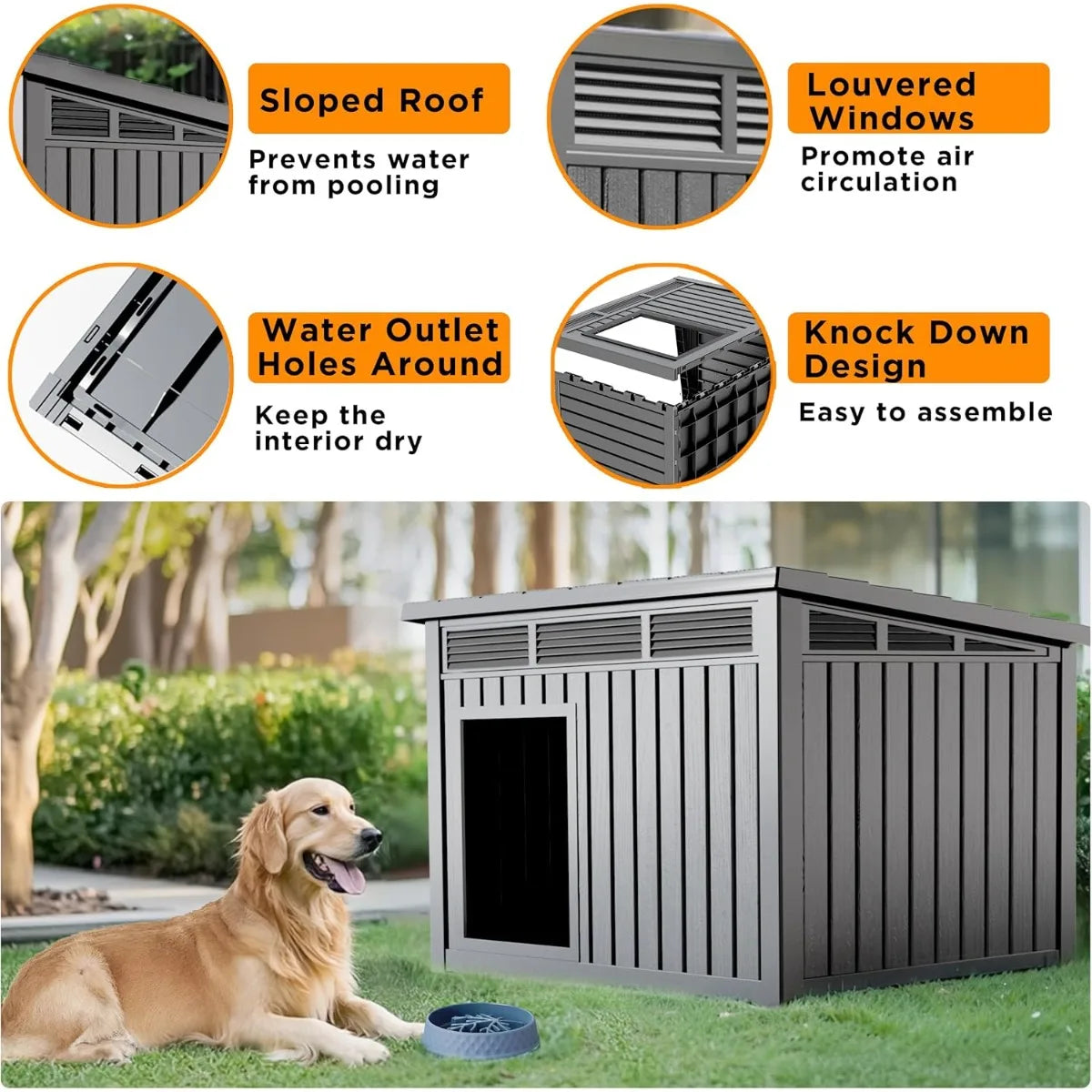 Waterproof Dog House for Small/Medium Dogs, Indoor/Outdoor with Air Vents & Elevated Floor, Easy to Clean & Assemble, Gray