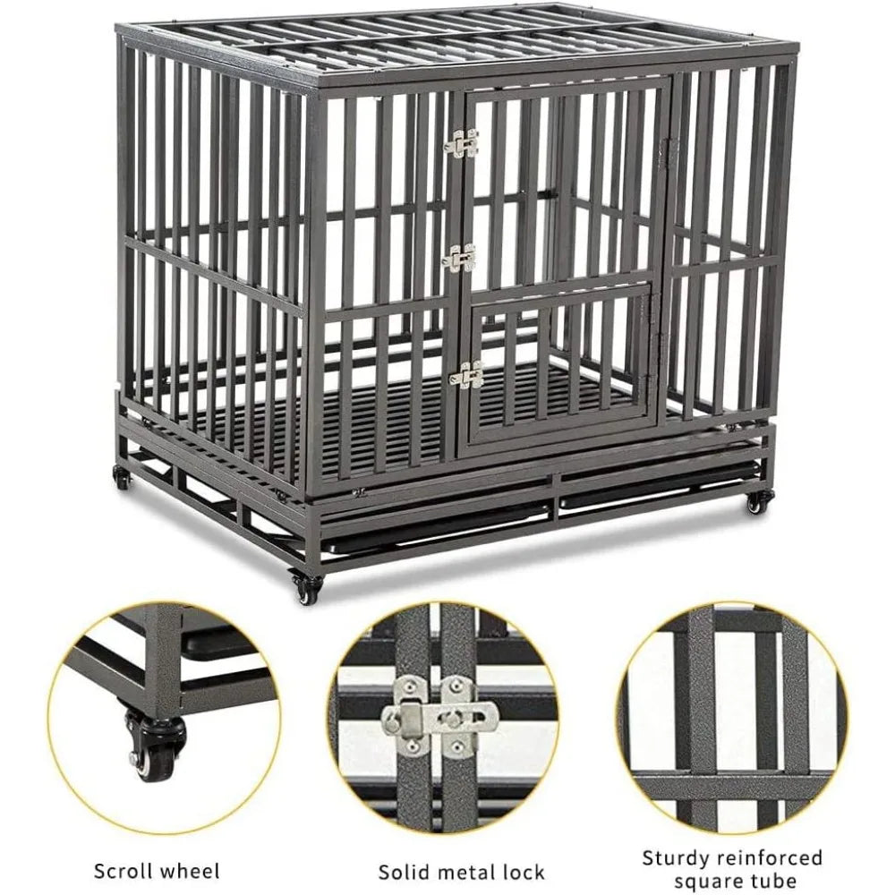 Heavy Duty Dog Cage Metal Kennel and Crate for Medium and Large Dogs, Pet Playpen with Four Wheels,Easy to Install,46 inch,Blac