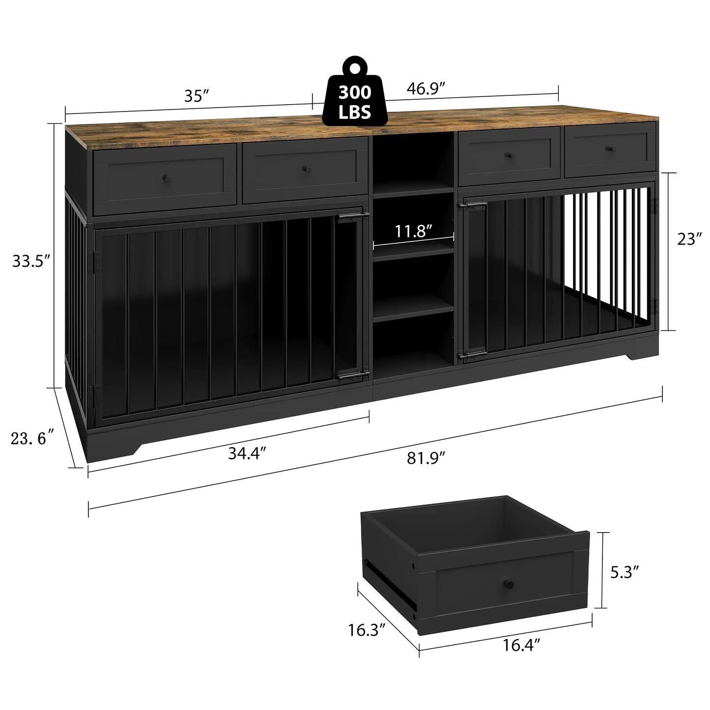 HiMISS Double Dog Crate TV Stand With 4 Drawers Organizer