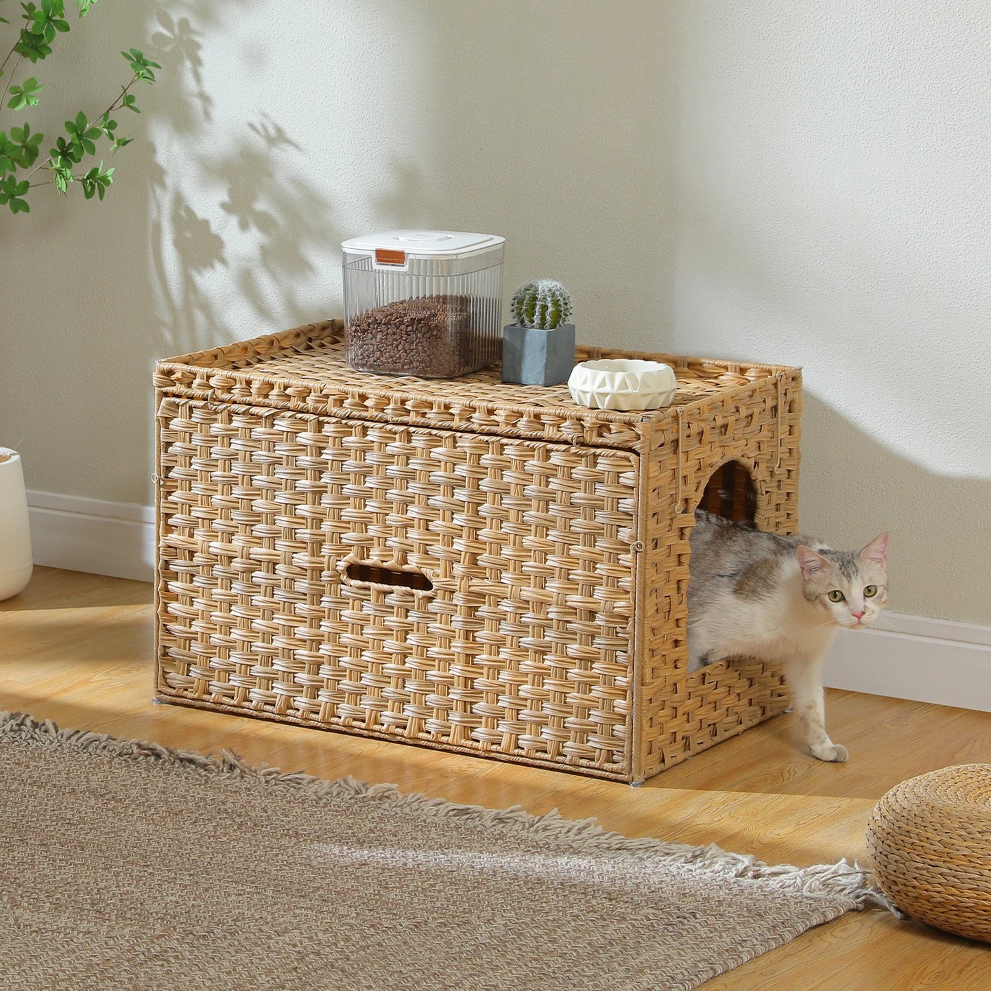 Rattan Cat Litter Box Enclosure with Taller Doorway and Flip-Up Design-More Space Raised Edge Mat-Cat House Cabinet Furniture