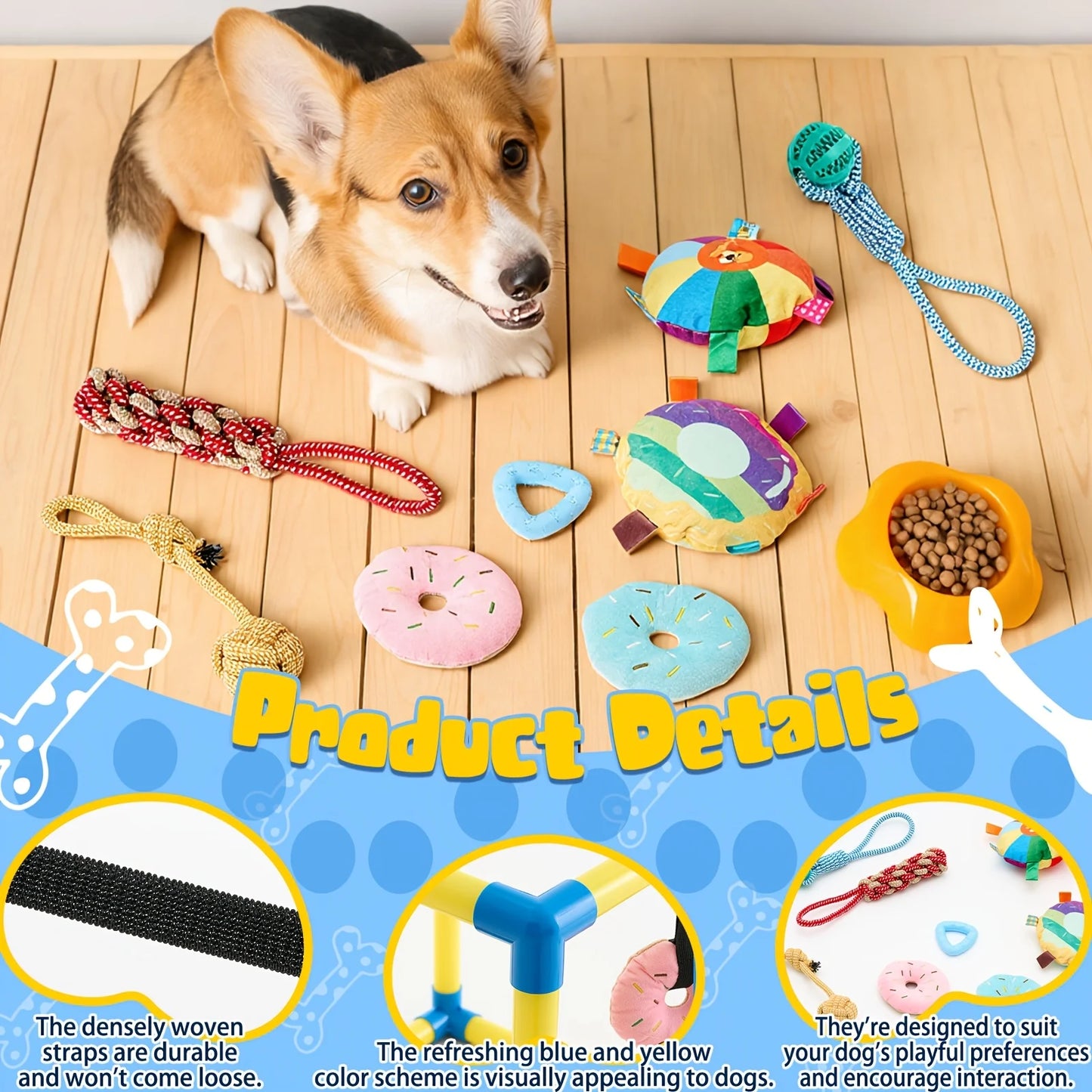 Puppy Play Gym with 8 Hanging Toys, Small Dogs Enrichment Interactive Toys 19.7 Inch Pets Indoor Jungle Gym PVC Frame with