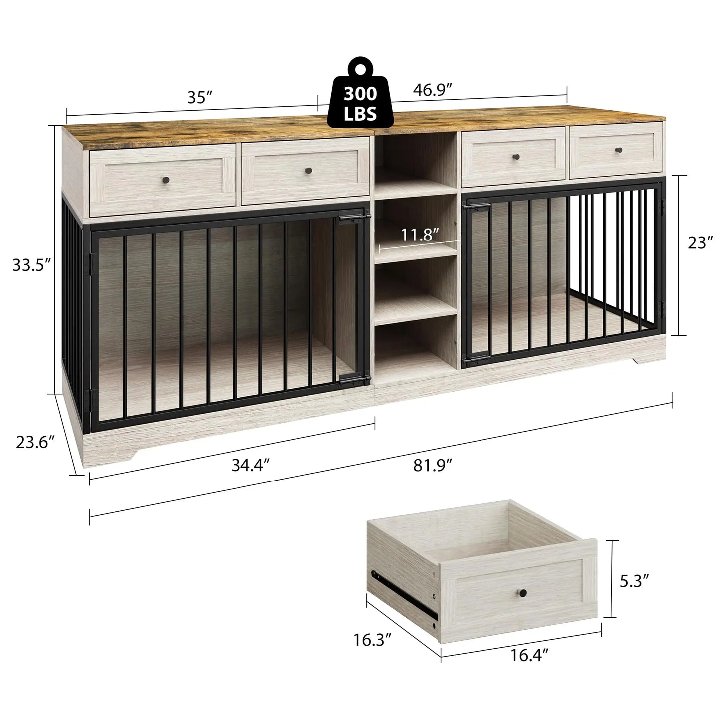 HiMISS Double Dog Crate TV Stand With 4 Drawers Organizer