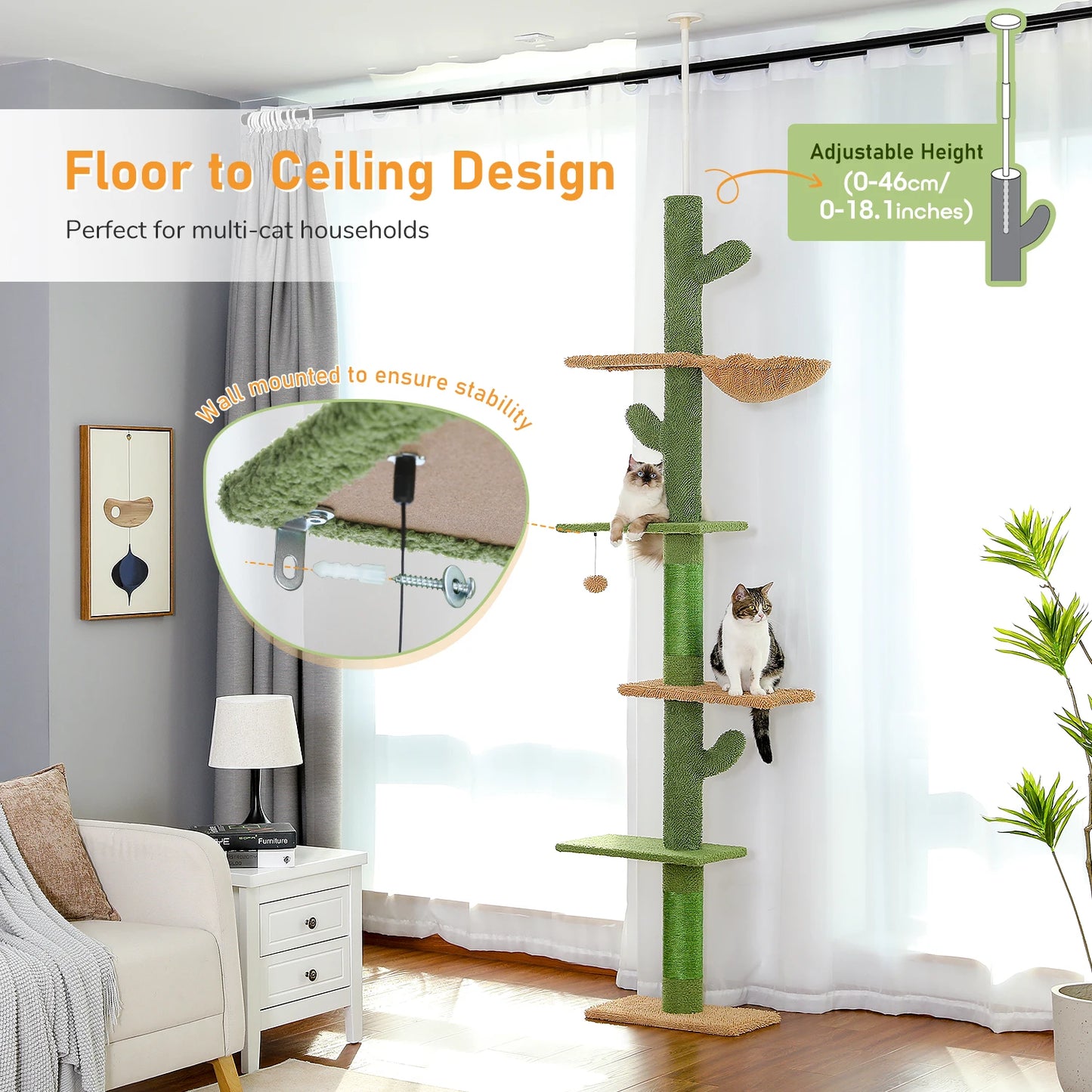 PAWZ Road Cat Tree 5-Tier Floor To Ceiling Tower With Scratching Posts Hammock For Indoor Cats