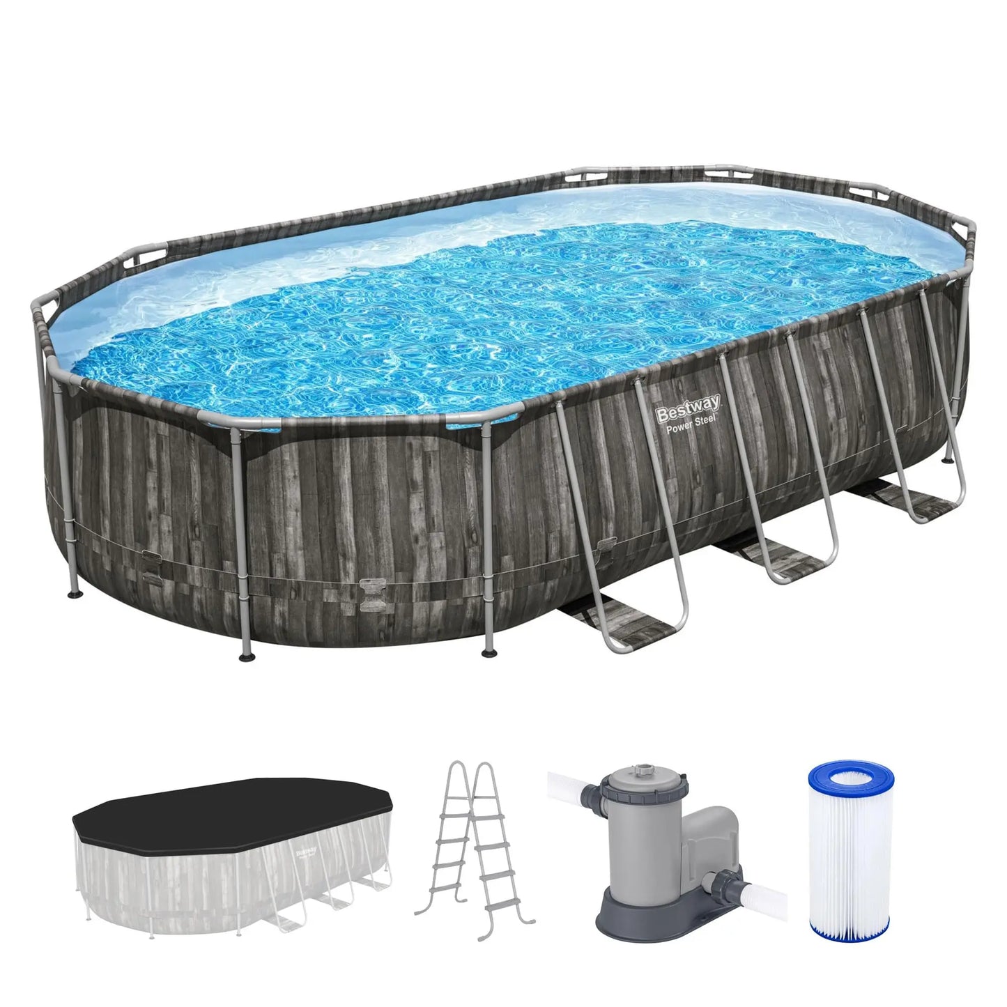 Bestway Power Steel 20’ x 12’ x 48” Above Ground Pool, Oval Metal Frame Outdoor Swimming Pool Set with Filter Pump, Ladder
