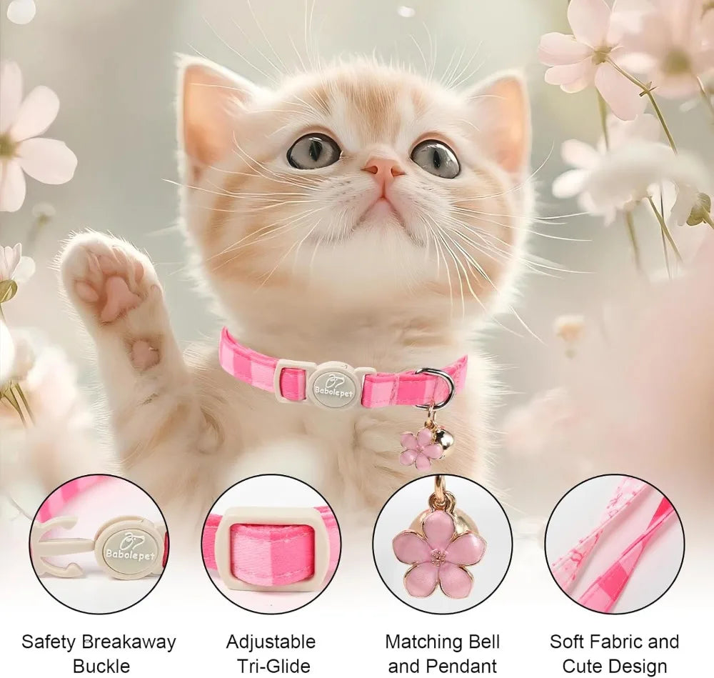 2 Pack Pink Cat Collars - Spring Summer Breakaway with Bell, Bow & Flower Pendant, Adjustable for Girl Cats, Cute Plaid Design