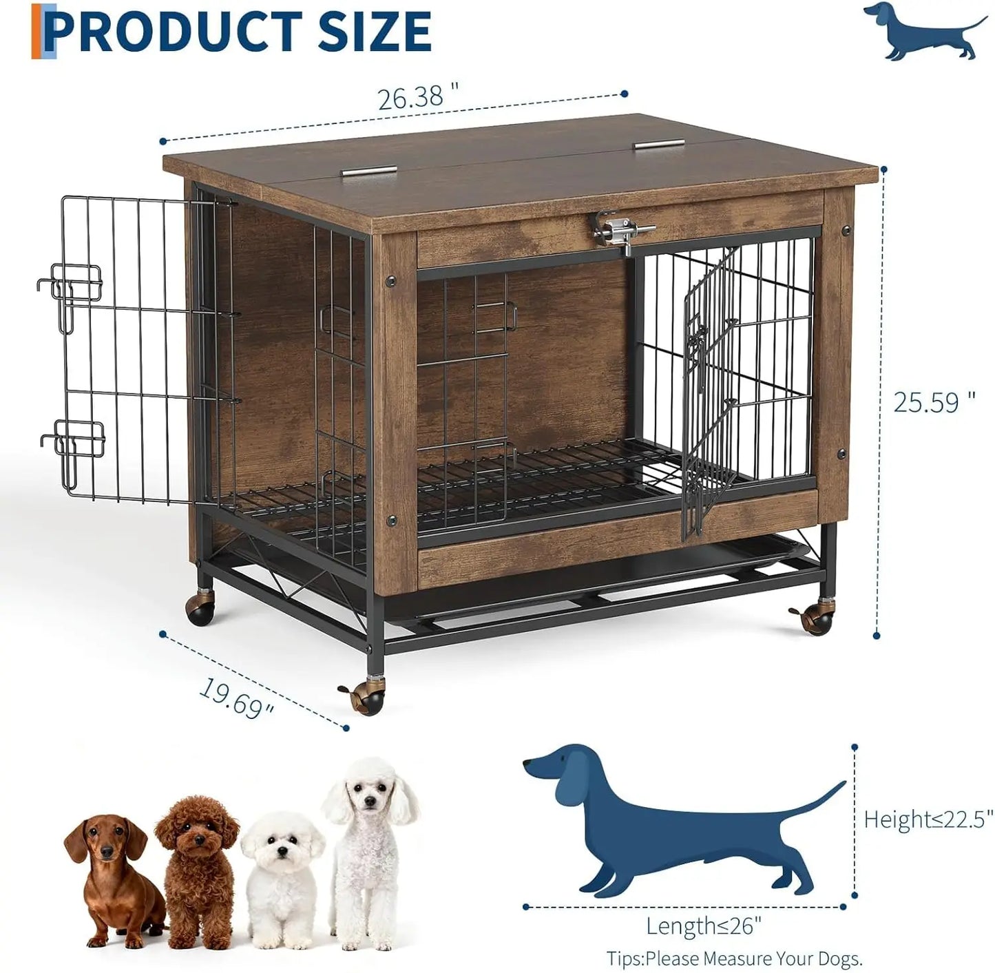 TWISTER.CK Dog Crate Furniture Indoor Wooden Kennel Double-Door With Wheels