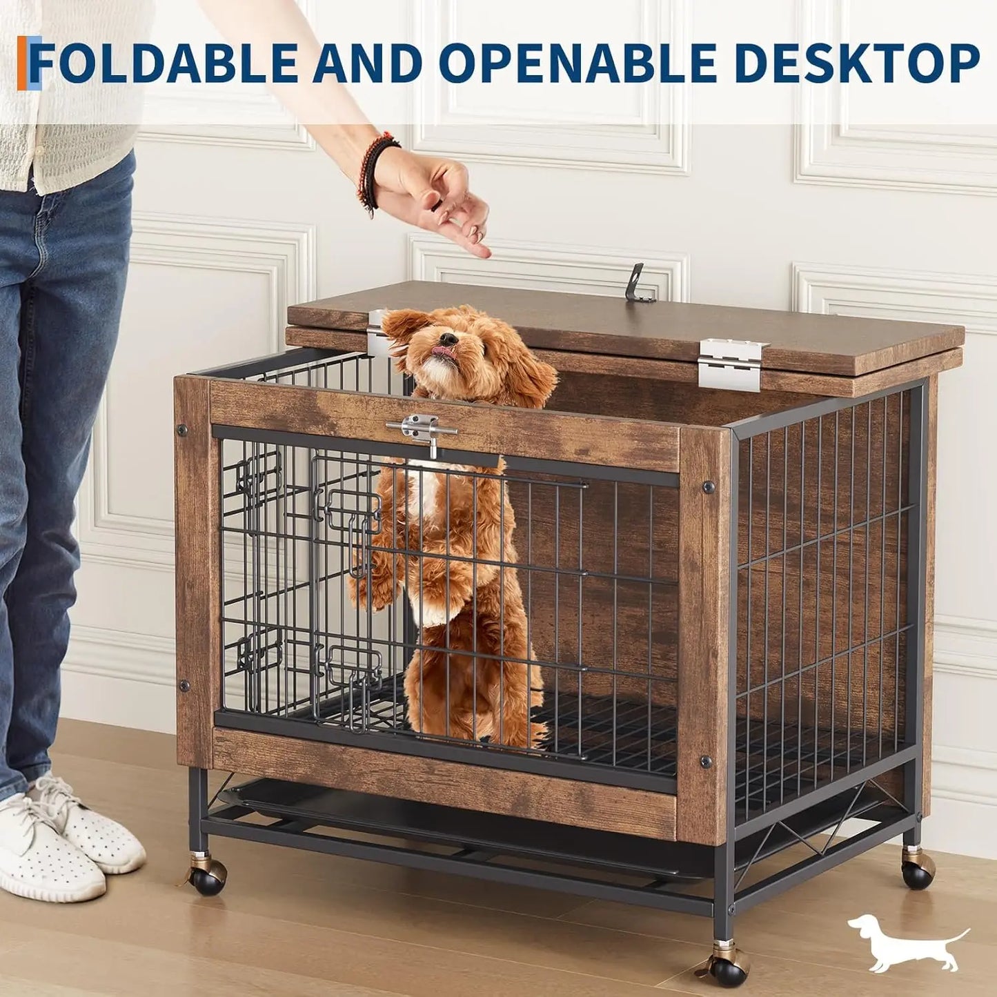 TWISTER.CK Dog Crate Furniture Indoor Wooden Kennel Double-Door With Wheels