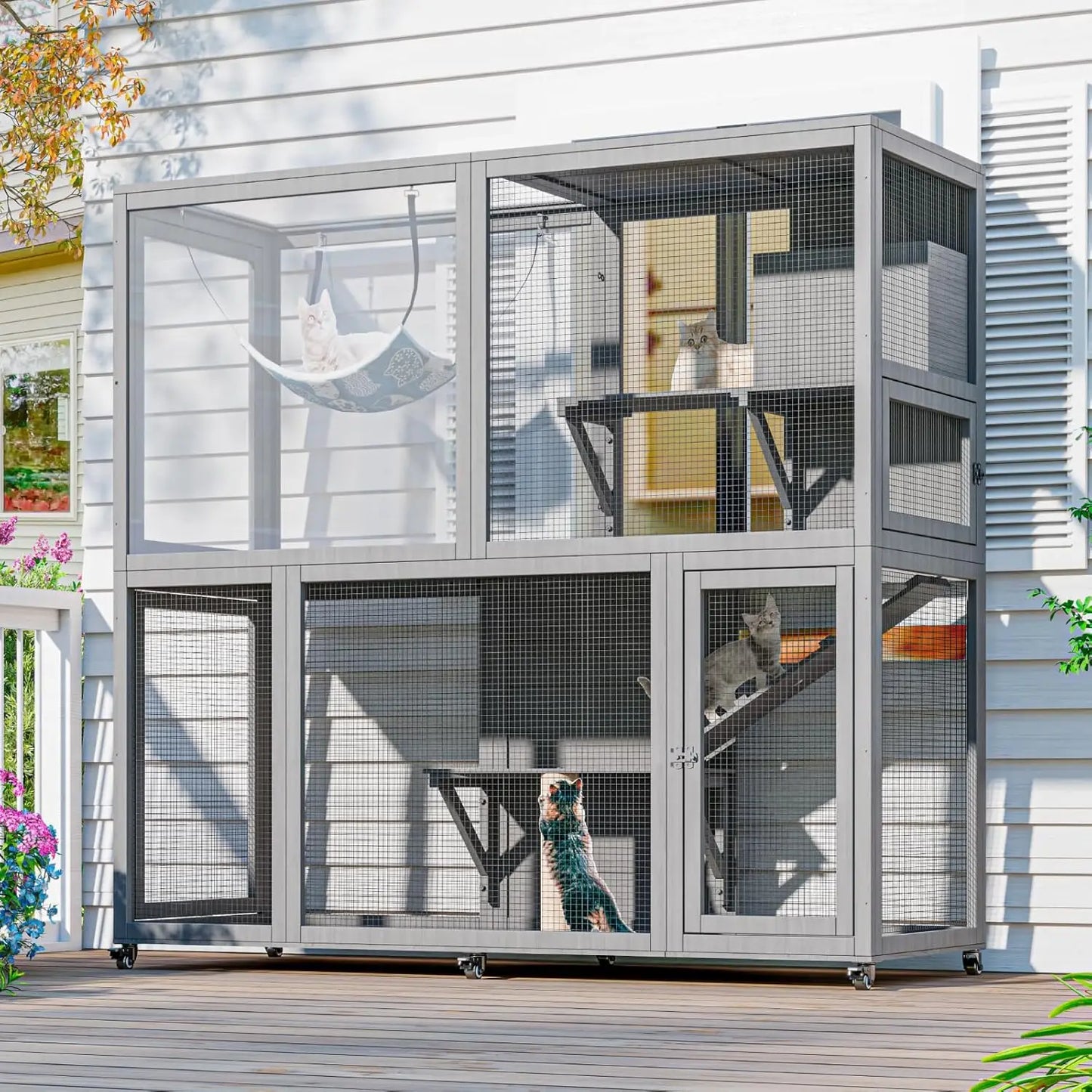 Wooden 4 Tier Cat Catio With Wheels And Access Doors