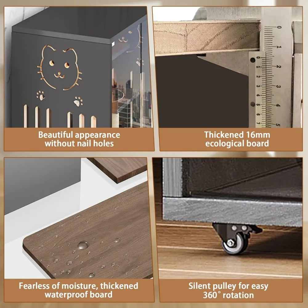 Large Enclosed Cat Condo, Wooden Large Cat Villa, Indoor/Outdoor Cats Enclosure with Wheels, Multi-Feature Cat Houses for Indoor