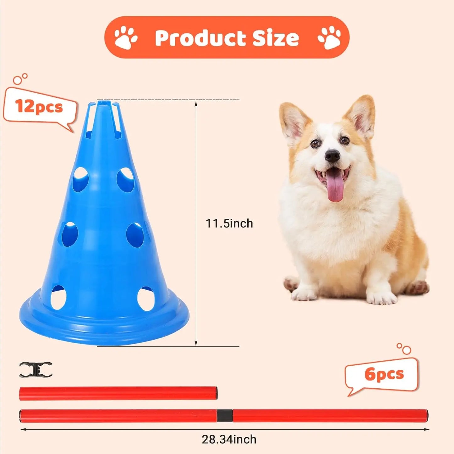 DishyKooker Dog Agility Hurdle Cone Set For Backyard Course With 12 Cones And 6 Rods