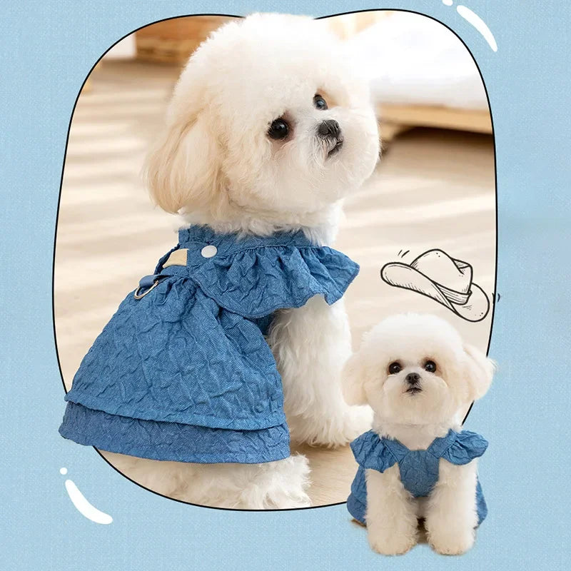 Hoopreety Denim Dog Dresses For Small Dogs With Leash Ring
