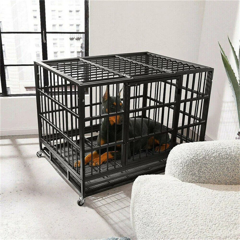 BORWARTH Heavy Duty Dog Crate With Lockable Wheels Removable Tray Tear Resistant Iron Construction XPET686