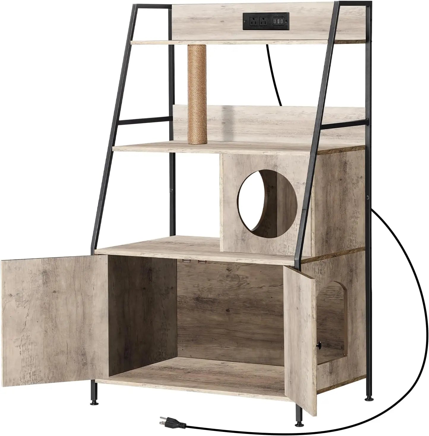 Cat Litter Box Enclosure with 2 Storage Shelves Enclosure Furniture with Charging Station,Cat Washroom with Cat Tree Tower