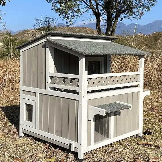 Two-Story Outdoor Wooden Cat Shelter With Balcony For Outdoor Cats