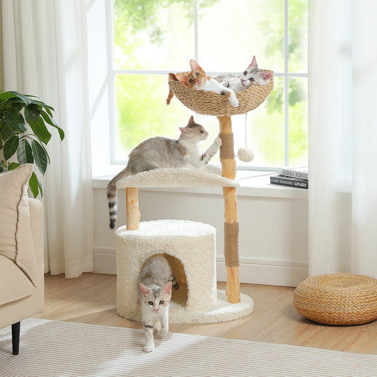 Modern Cat Tree Tower with Natural Solid Wood Scratching Posts Spacious Wicker Basket Luxury Cat Condo Bed for Indoor Cat Toys