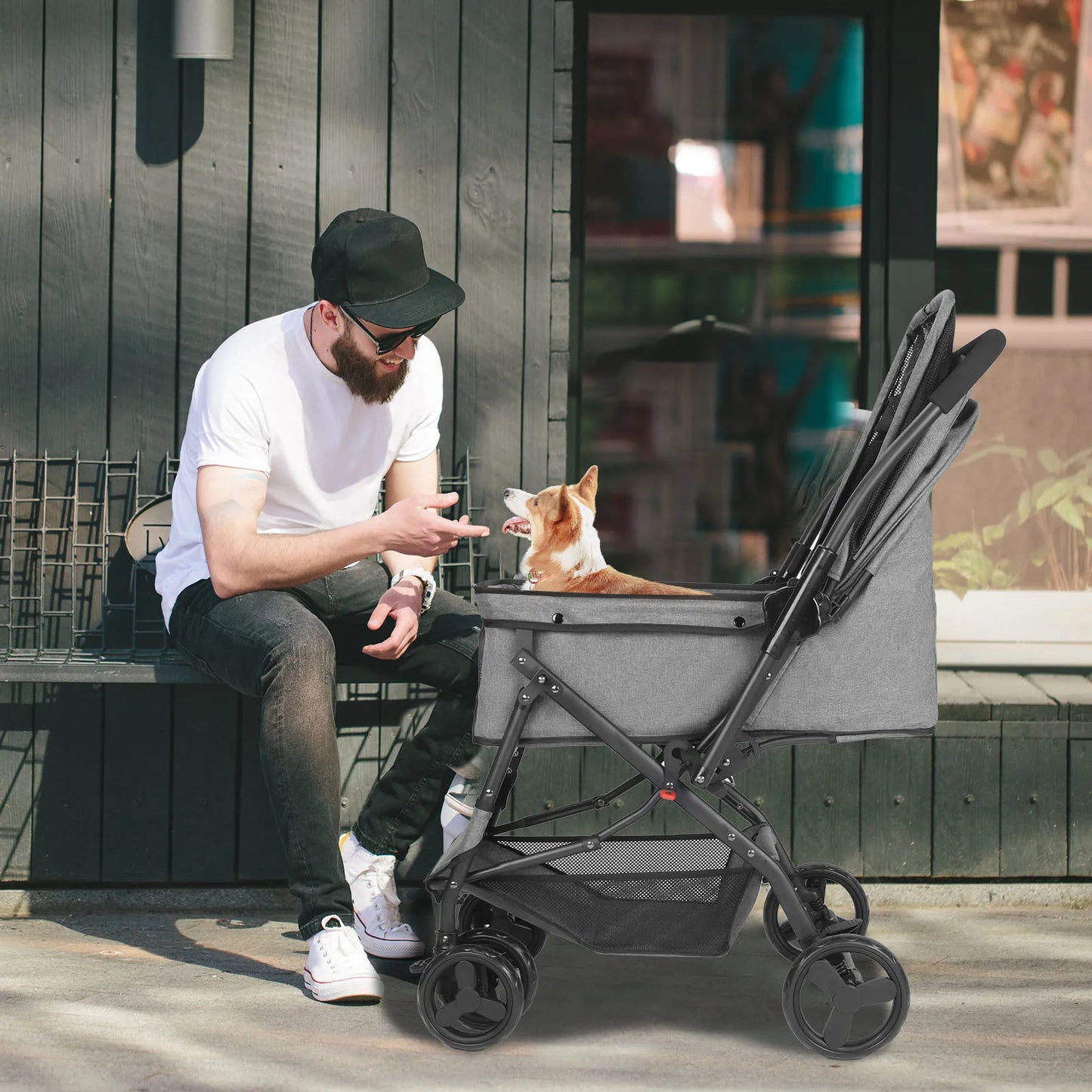 Dog Stroller With Reversible Handlebar And Poop Bags