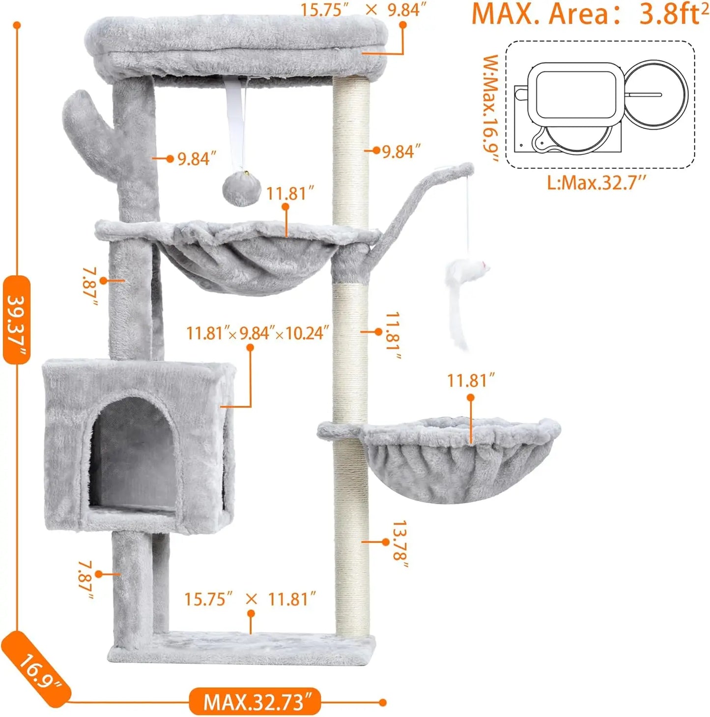 Cat Tree 39.4' Tower Condo with Scratching Post, Sisal Wrapped, Soft Platform, 2 Baskets, Dangling Toy, Light Gray HCT006SW