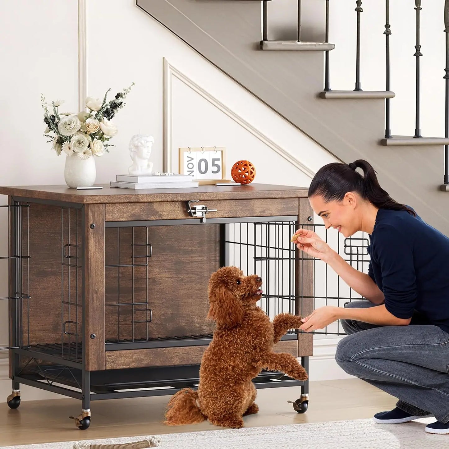TWISTER.CK Dog Crate Furniture Indoor Wooden Kennel Double-Door With Wheels