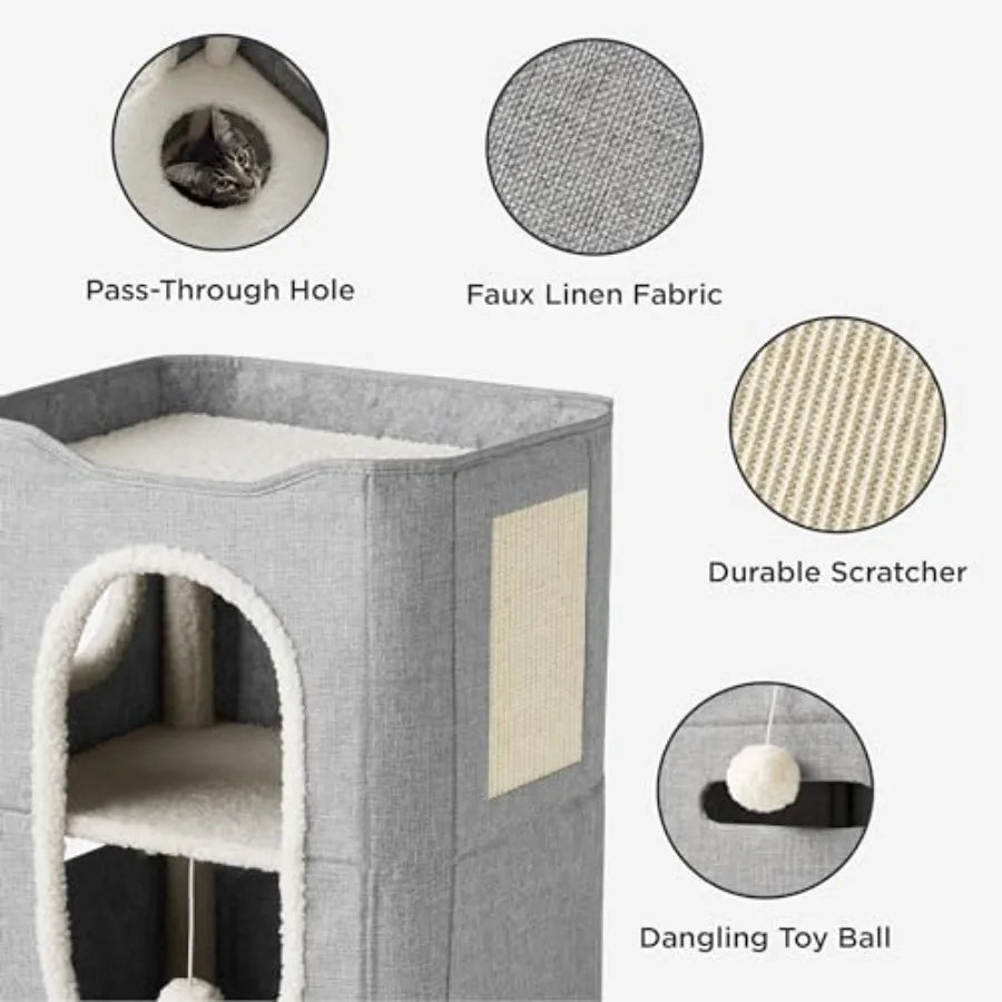 2 Story Cat House - Cat Condos for Indoor Cats with Scratch Pad and Fluffy Ball Hanging, Small Pet Cave Furniture Hideaway for