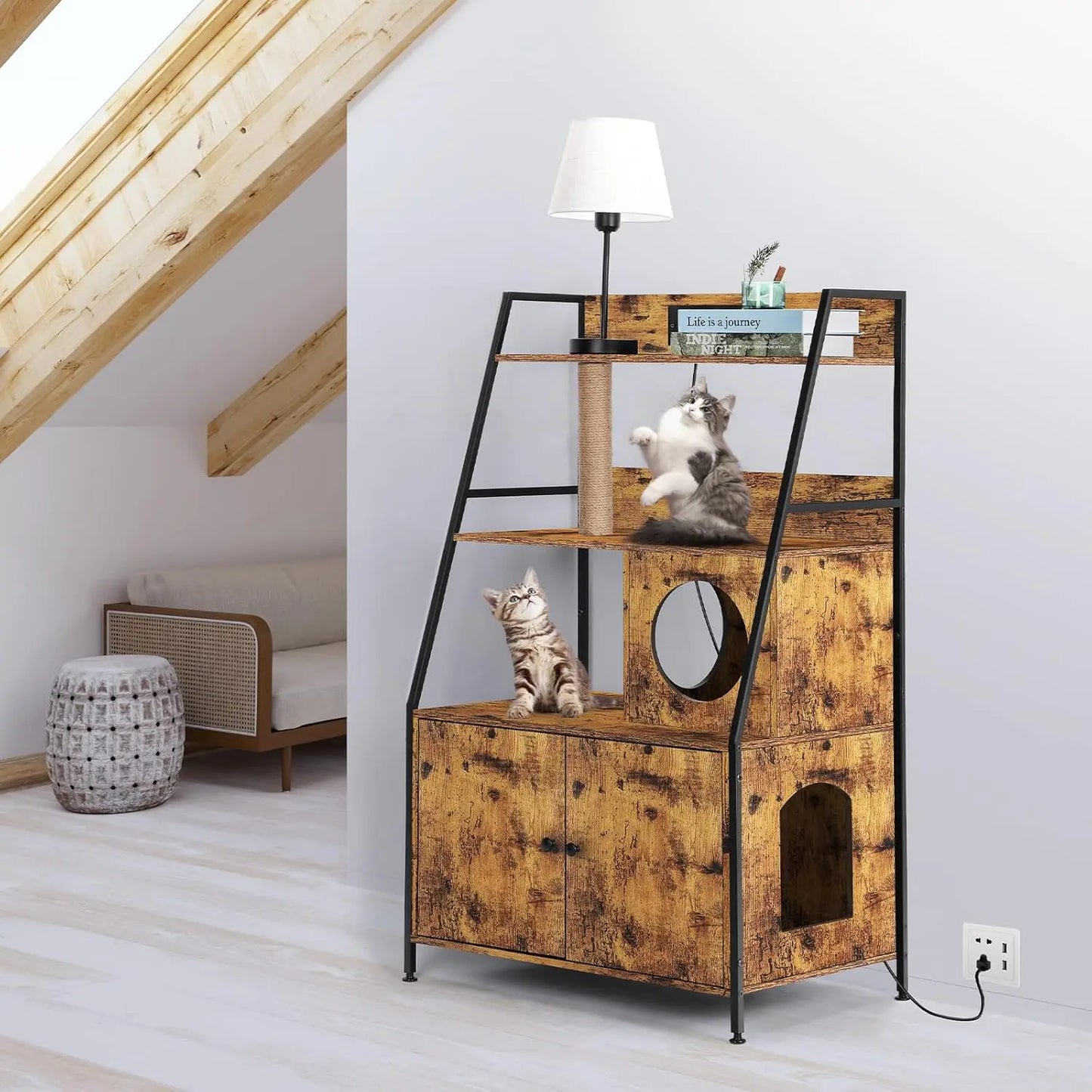 Cat Litter Box Enclosure With Two Shelves And Charging Station