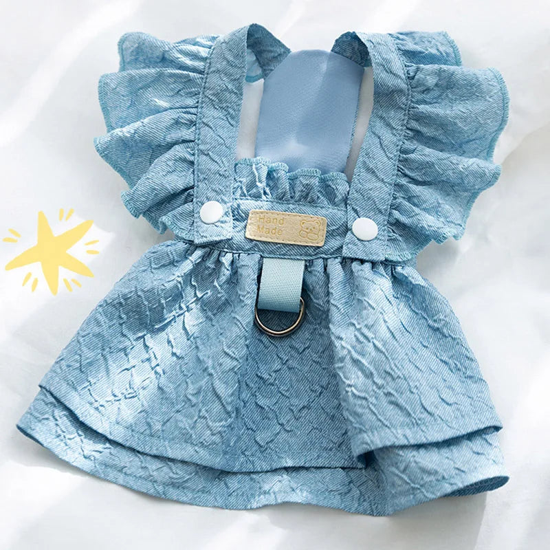 Hoopreety Denim Dog Dresses For Small Dogs With Leash Ring