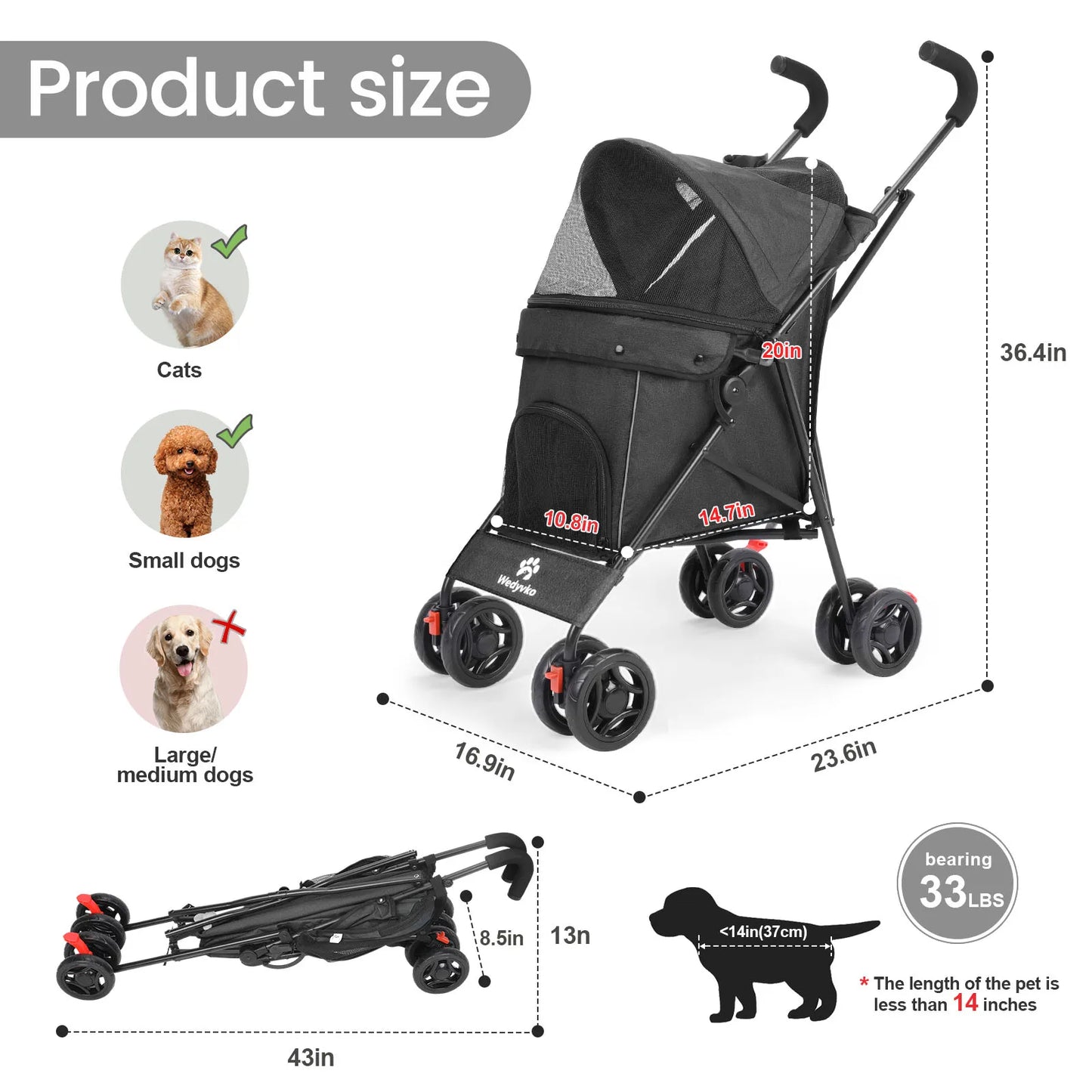 Wedyvko Pet Dog Stroller 4 Wheels Puppy Stroller Rotate with Brakes Storage for Dogs Cats Travel Pet Suplies Outdoor 애완견 유모차