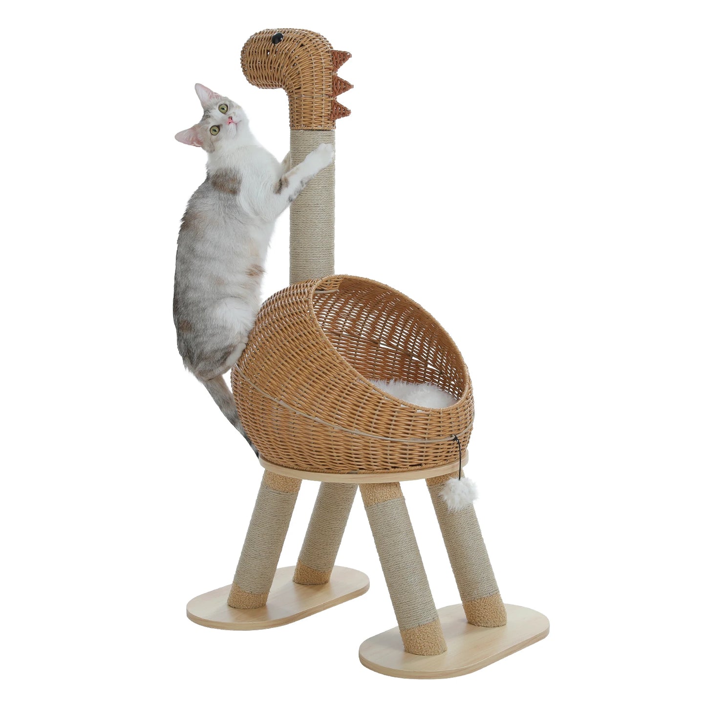 PAWZ Road Dinosaur Cat Tree Tower With Sisal Scratching Post Three Layer Rattan Cat Condo Indoor Wicker Bed