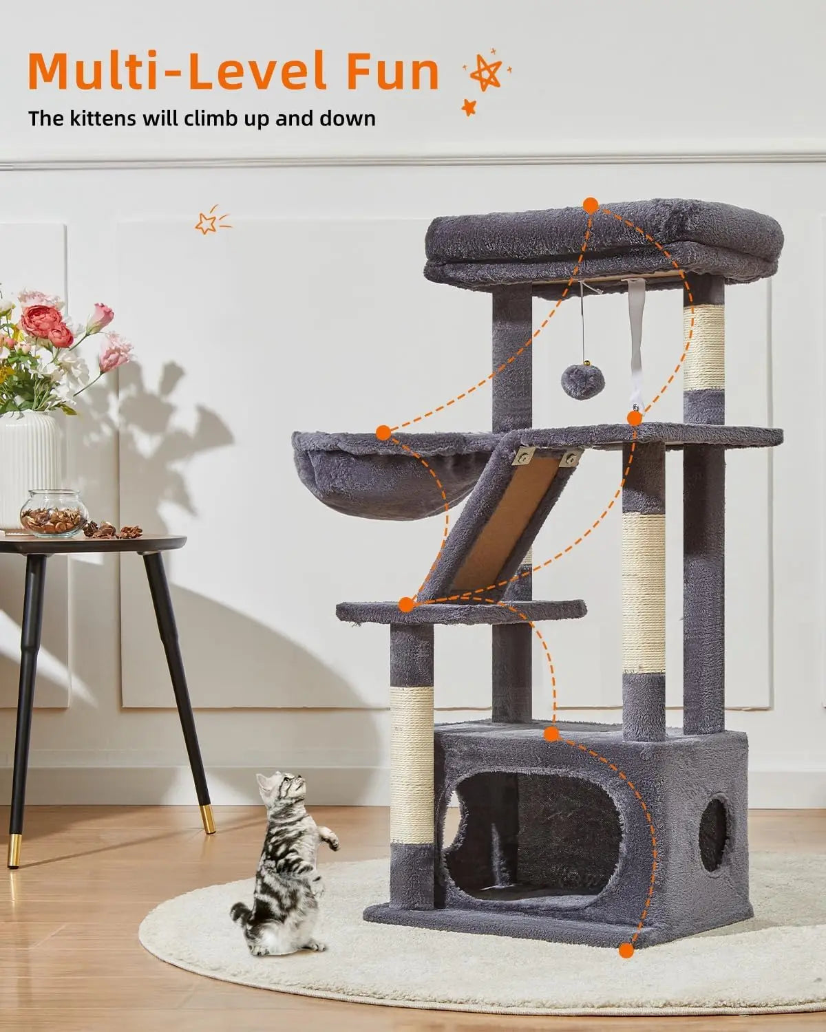 Cat Tree Indoor Tower With Adjustable Baskets And Luxurious Perch