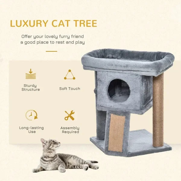 Cat Tree, Small Cat Tower with Perch, Scratching Post, Cat Condo, Toy Ball for Kitty, Indoor Use, Grey