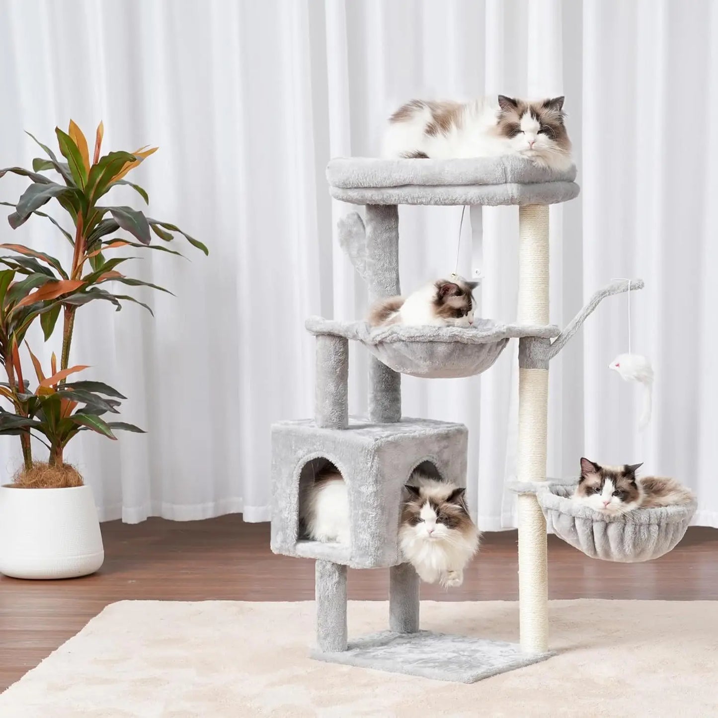 Cat Tree 39.4' Tower Condo with Scratching Post, Sisal Wrapped, Soft Platform, 2 Baskets, Dangling Toy, Light Gray HCT006SW