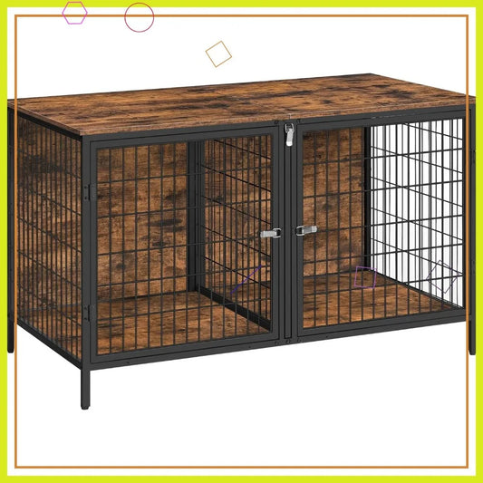 Double Dog Crate Furniture with Removable Divider, 43.3 Inch Rustic Brown Kennel for Small Medium Pets
