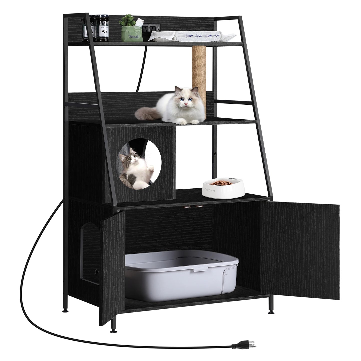 Cat Litter Box Enclosure with 2 Storage Shelves Enclosure Furniture with Charging Station,Cat Washroom with Cat Tree Tower