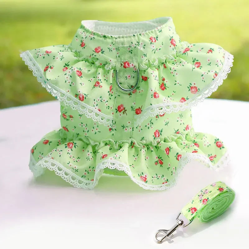 Floral Printed Dog Cat Harness Leash Set Adjustable Vest